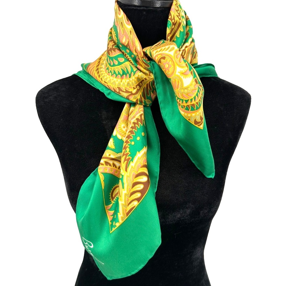 Burmel Womens Green Retro Vintage Paisley Hand Rolled Square Silk Scarf Japan